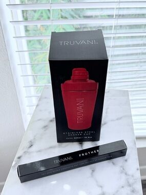 Truvani Red Stainless Steel Shaker Cup + Frother Bundle — New in Box, Never Used